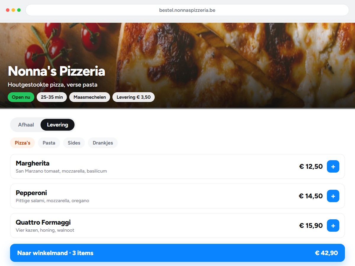 Bestelwebsite van een restaurant met menu, prijzen en winkelmand