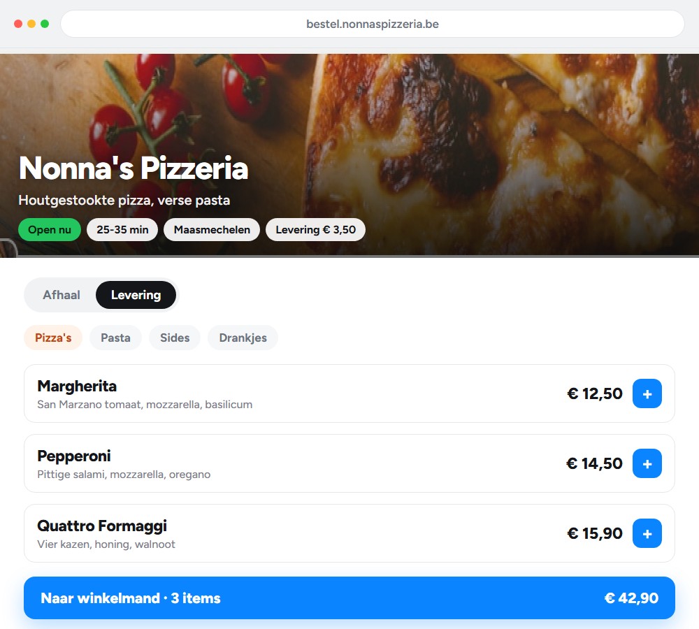 Bestelwebsite van een restaurant met menu, prijzen en winkelmand