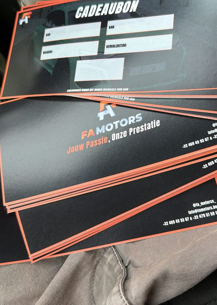 Cadeaubonnen ontworpen en gedrukt voor autoverhuur FA Motors