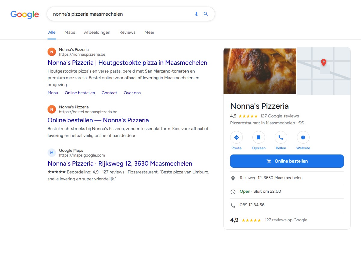 Google-zoekresultaat met het bedrijfsprofiel, reviews en de knop Online bestellen