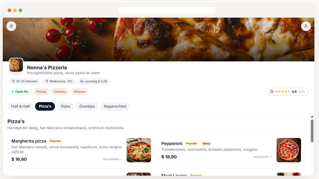 Online bestelwebsite van een restaurant