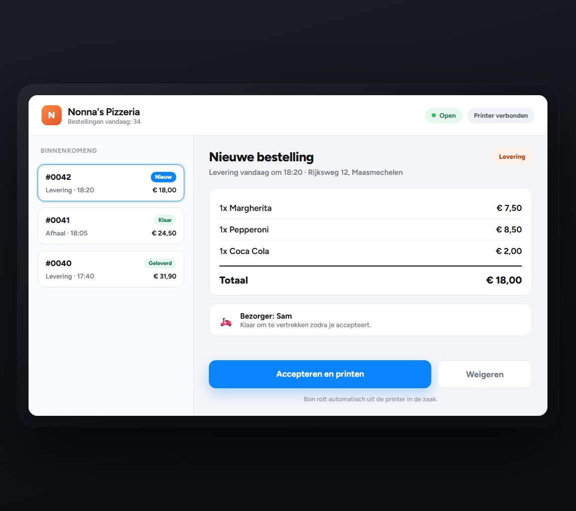 Ordertoestel voor een restaurant met een binnenkomende bestelling voor levering, klaar om te accepteren en te printen