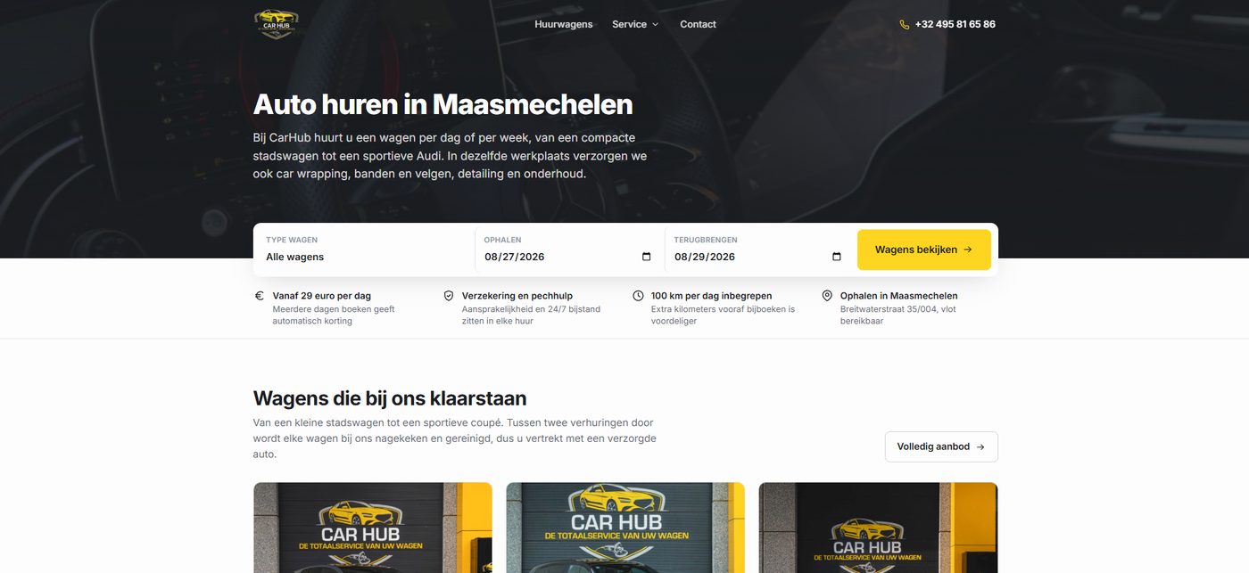 Website van autoverhuur Car Hub in Maasmechelen